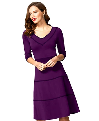 HotSquash London Women's V Neck Fit and Flare Dress with 3/4 Sleeves