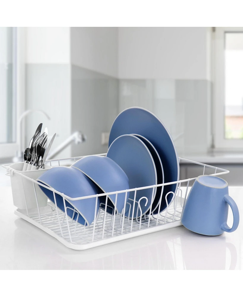 MegaChef 17.5 Inch White Single Level Dish Rack with 14 Plate Positioners and a Detachable Utensil Holder