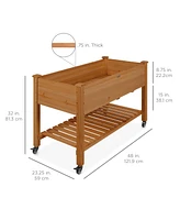 Best Choice Products Raised Garden Bed 48x23x32in Wood Mobile Elevated Planter w/ Wheel Locks, Shelf, Liner