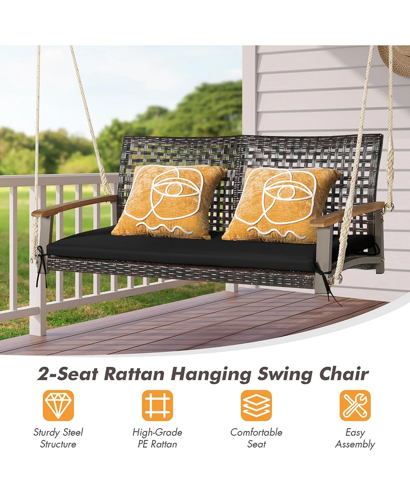 2-Person Patio Rattan Hanging Swing Chair Porch Loveseat Cushion Off White