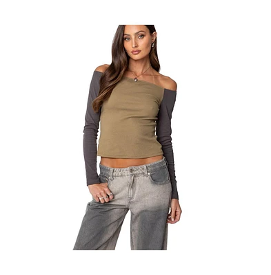 Edikted Womens Contrast Off Shoulder Top