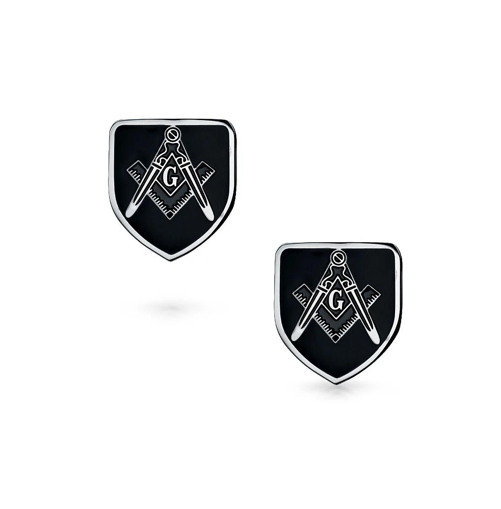 Bling Jewelry Shield Freemasons Compass Symbol Masonic Cufflinks Black Enamel Two Tone Stainless Steel Hinge Bullet Back