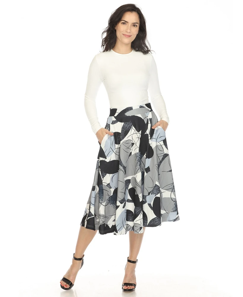 White Mark Women's Leaf Print Vintage Flared Midi Skirt