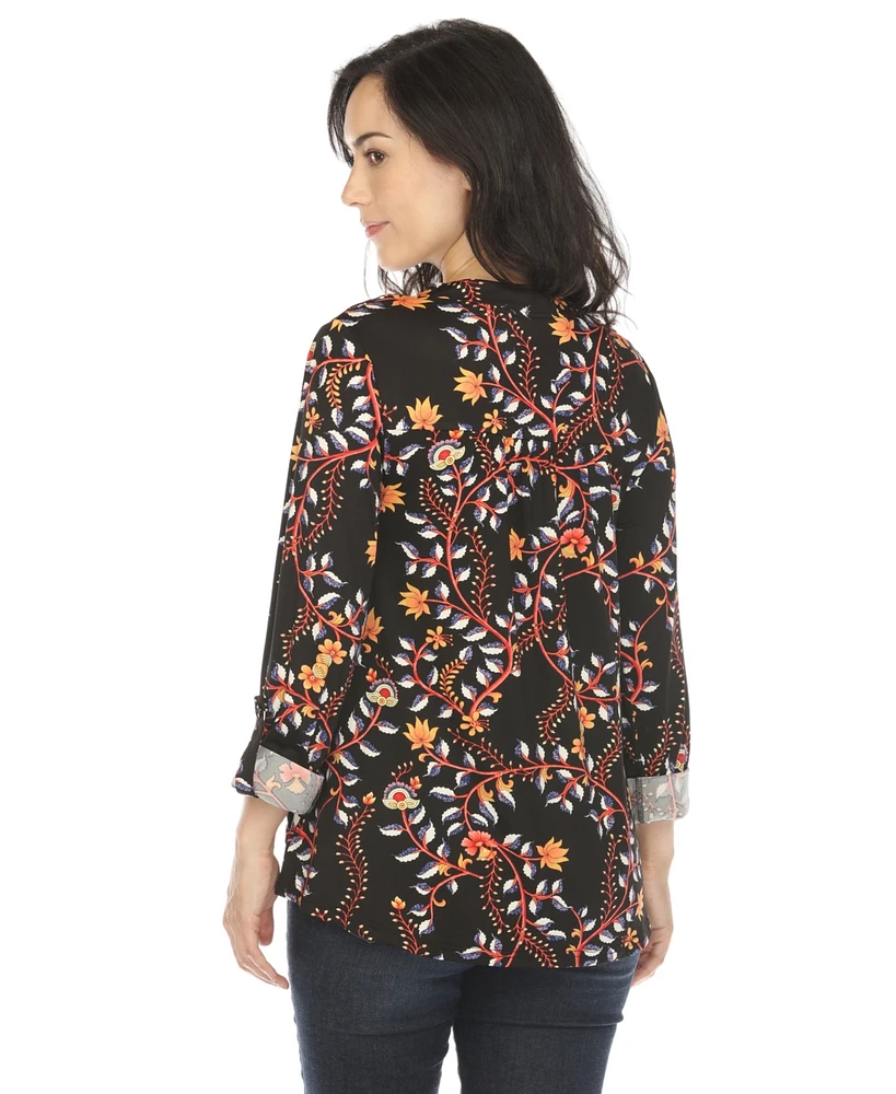 White Mark Women's Paisley Button Front Tunic Top