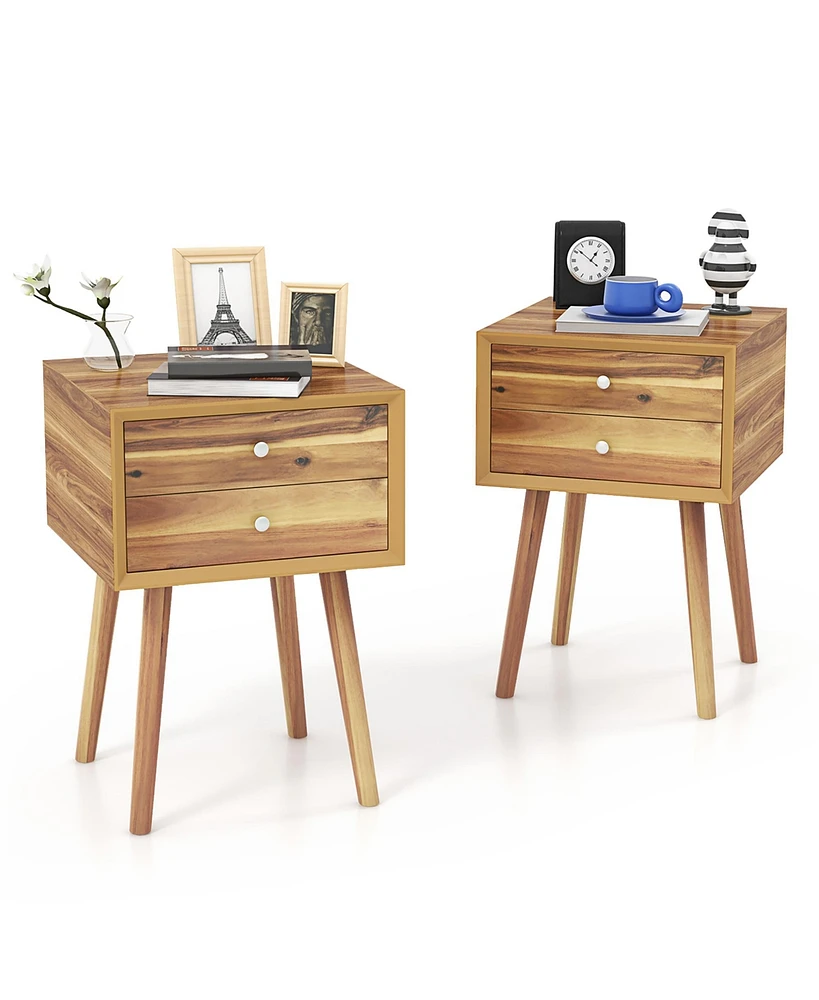 Gymax 2PCS Wooden Nightstand Mid-Century End Side Table W/2 Storage Drawers Natural