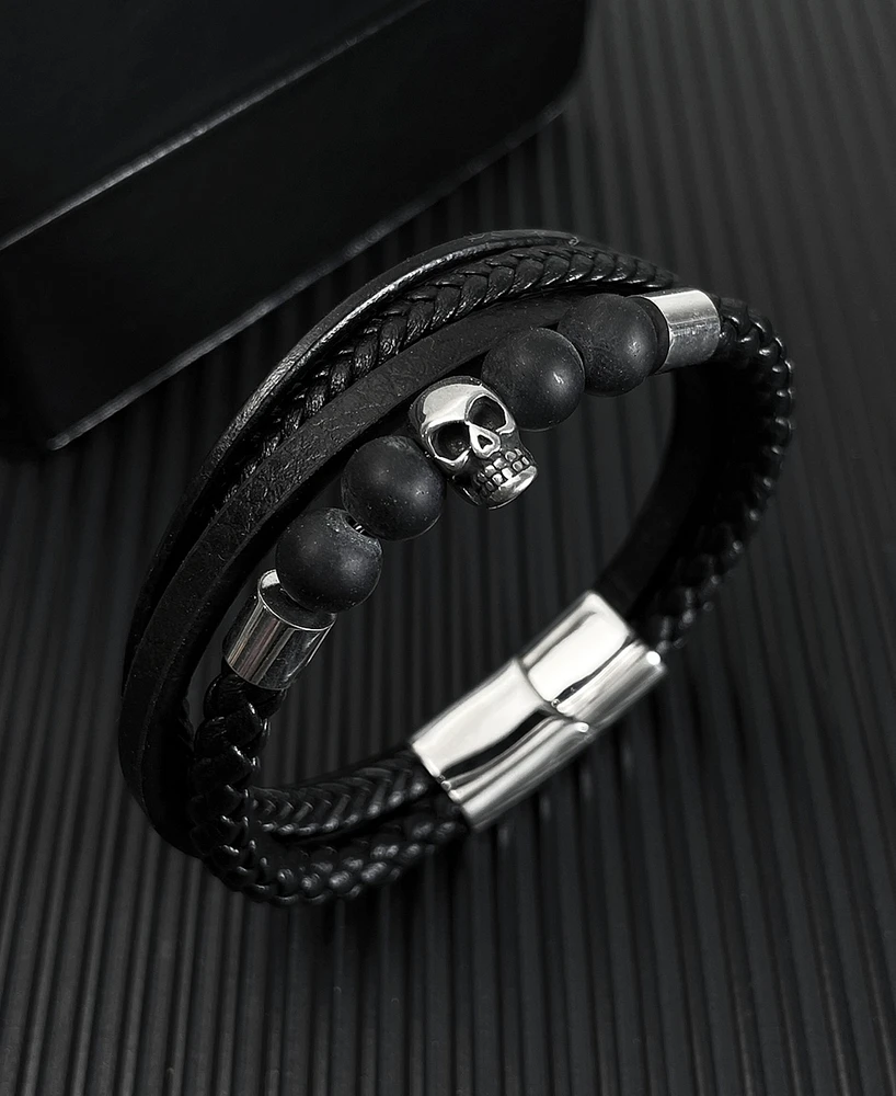 Rhona Sutton Silver Multi Leather Skull Stainless Steel Bracelet