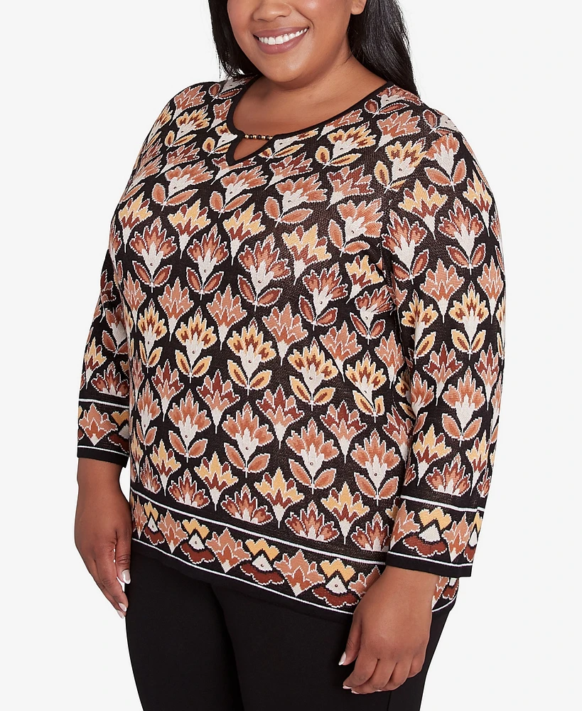 Alfred Dunner Plus Size Rue Rivoli Medallion Beaded Split Neck Sweater