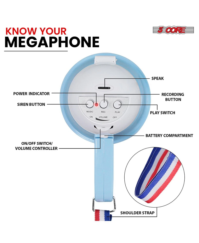 5 Core Megaphone Bullhorn Speaker 15W Mini Battery Power Bull horn w Siren 400 Yard Range - Sky Blue