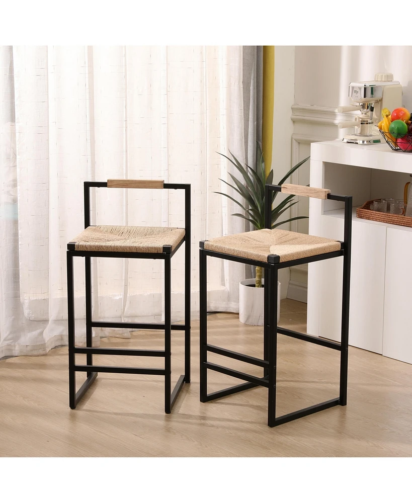 Set of 2 Bar Stools with Back Paper Rope Woven Counter Height Dining Chairs for Kitchen