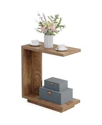 Tribesigns C-Shaped Side Table, 2-Tier Narrow End Table with Sturdy Pedestal, Wood Bedside Table Nightstand for Bedroom