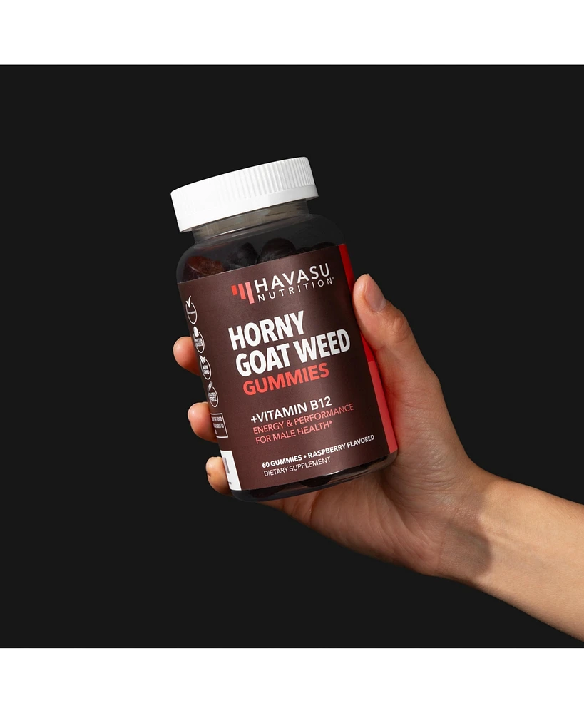 Horny Goat Weed Gummies + Vitamin B12, Energy Endurance & Performance Support for Men, Mood Health Support, Havasu Nutrition, Raspberry, 60ct