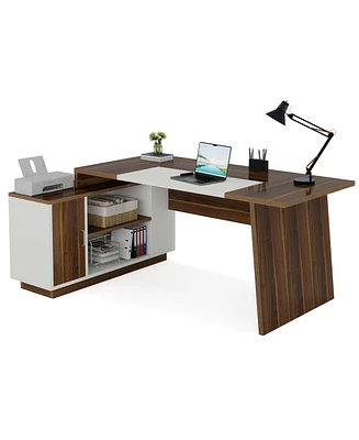 Tribesigns 70.5-Inch Executive Office Desk: Modern L-Shaped Desk with File Cabinet and Storage Shelves, Large Wood Computer Desk for Home Office, Waln