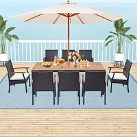 Costway 9 Pcs Patio Rattan Dining Set with Acacia Wood Table, Cushions, 1.9" Umbrella Hole
