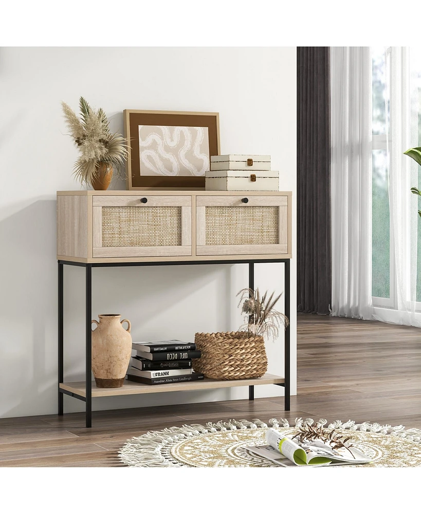 Rattan Console Table with 2 Rattan Drawers & Open Storage Shelf Metal Legs