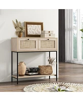 Rattan Console Table with 2 Rattan Drawers & Open Storage Shelf Metal Legs