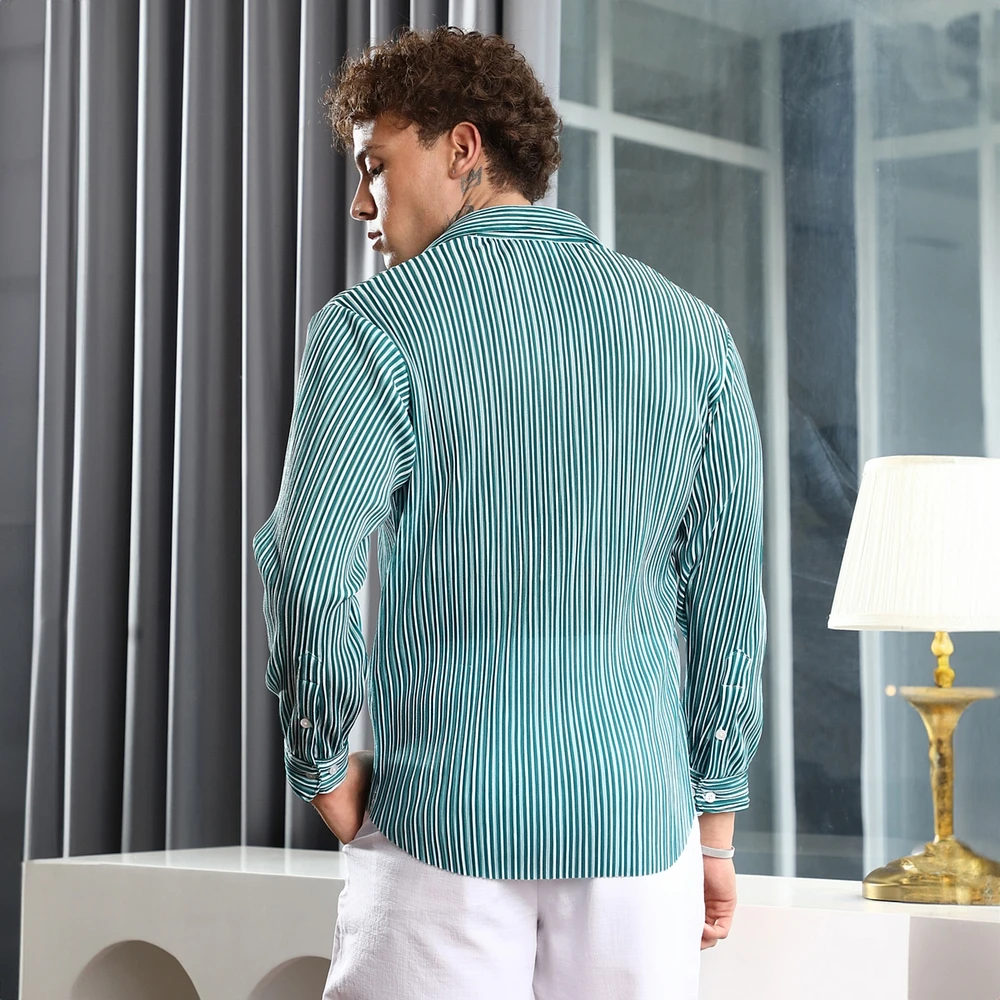Men's Forest Green & Powder White Pleat-Creased Shirt
