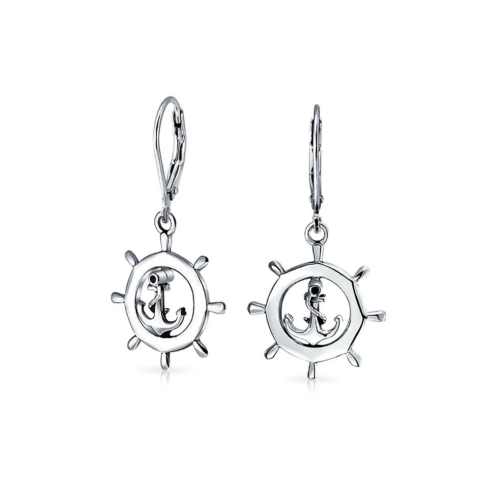 Bling Jewelry Tropical Beach Vacation Honeymoon Simple Nautical Boat Ship Wheel Anchor Lever Back Dangle Earrings .925 Sterling Silver