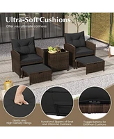 5 Piece Patio Rattan Furniture with 2 Ottomans & Tempered Glass Coffee Table