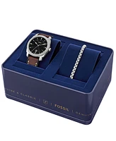 Fossil Men's Machine Three-Hand Date Brown Leather Watch and Bracelet Set, 42mm