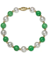 Dyed Green Jade & Freshwater Pearl (7-1/2 - 8-1/2mm) Beaded Bracelet in 10k Gold