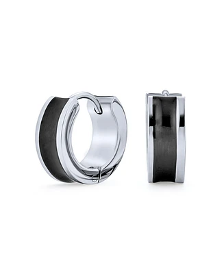 Bling Jewelry Earrings Two Tone Striped Black Enamel Huggie Hoop Silver Tone Stainless Steel