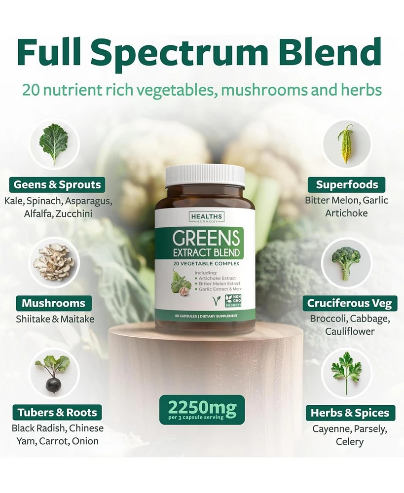 Healths Harmony Greens Extract Blend Capsules, Antioxidant Supplement for Natural Metabolism Boost, Health's Harmony, 60ct