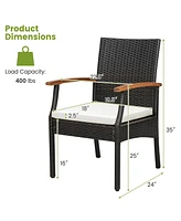 2PCS Patio Pe Wicker Chairs Acacia Wood Armrests with Soft Zippered Cushion Balcony