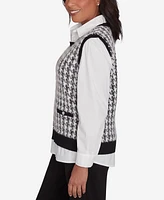 Alfred Dunner Petite Runway Ready Collared Houndstooth Vest Two in One Sweater