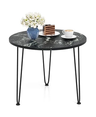 Gymax Small Round Coffee Table w/ Thickened Tabletop & Metal Tripod Legs Faux Marble Black