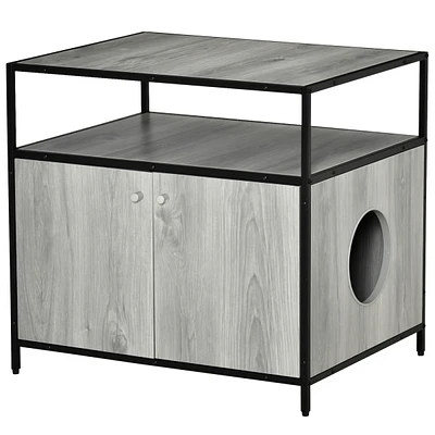 Wooden Cat Litter Box Enclosure, Hidden Kitten Washroom, Indoor End Table with Magnetic Doors & Storage Shelves, Gray