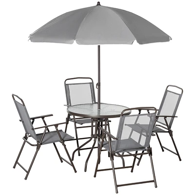 6 Piece Patio Dining Set for 4 with Umbrella, Outdoor Table and Chairs with 4 Folding Dining Chairs & Round Glass Table for Garden, Backyard and Pools