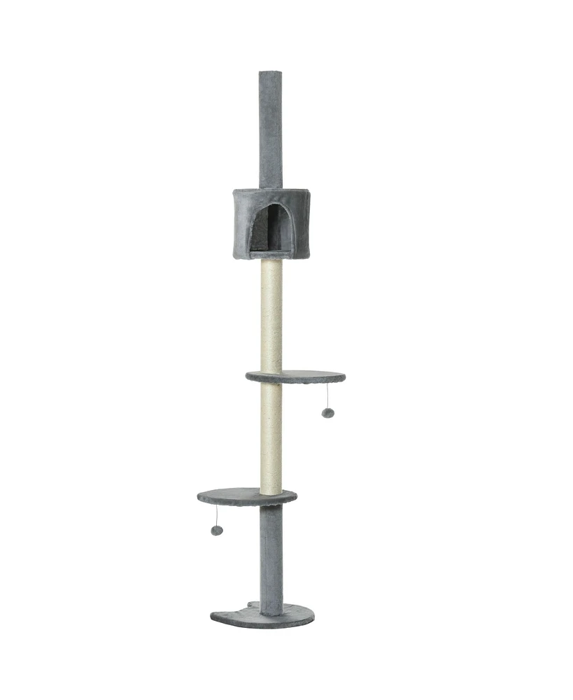 85.5" Cat Tree Height Adjustable Floor-to-Ceiling 4-Tier Kitty Climbing Activity Center Condo Cat Toy with Scratching Post Hanging Balls Play Res