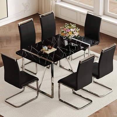 Table and chair set.a rustic industrial rectangular Mdf black dining table with Mdf desktop and electroplated silver metal legs.Paired with 6 chairs w