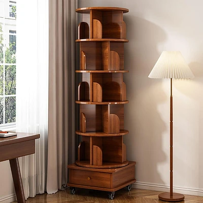 Simplie Fun Rotating Bookshelf, 360 Display Corner Bookshelf for Small Space, 6 Tier Bookcase Storage Rack with Wheels, Wood Narrow Organizer for Bedr