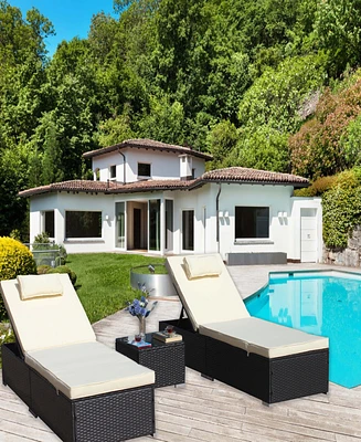 3-Piece Outdoor Patio Furniture Set Chaise Lounge, Patio Reclining Rattan Lounge Chair Chaise Couch Cushioned with Glass Coffee Table, Adjustable Back