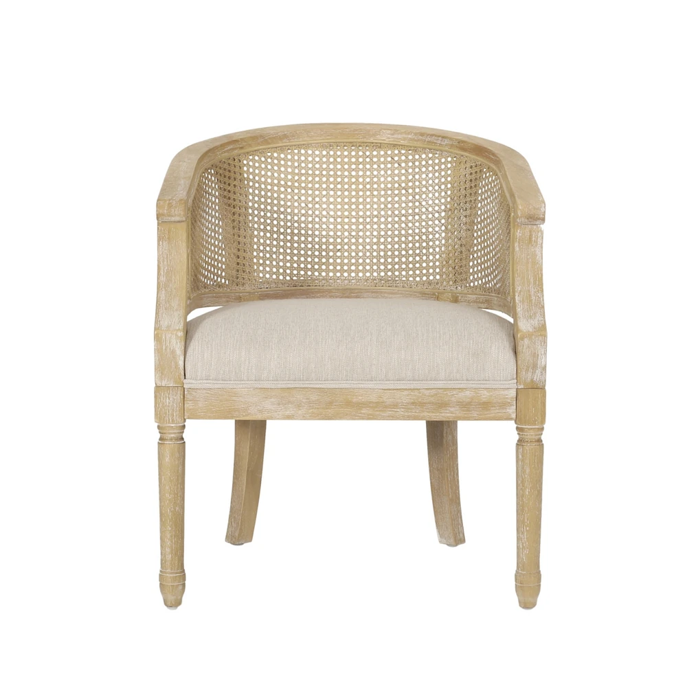 French Country Accent Chair: Curved Backrest, Cane Webbing, Weathered Wood