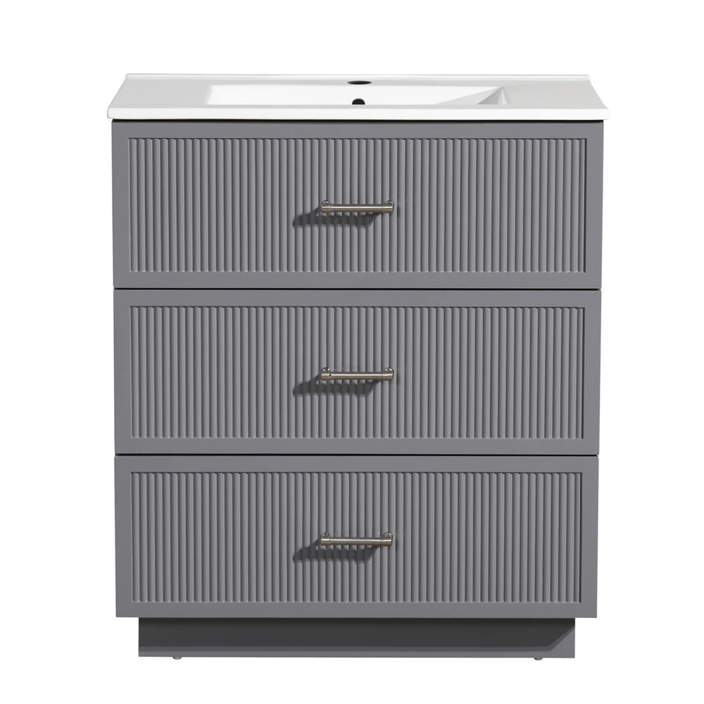 30 Inch Bathroom Vanity with Ceramic Sink Combo Set, Modern Freestanding Bathroom Storage Cabinet with 2 Drawers, Floor Standing Bath Vanity, Gray