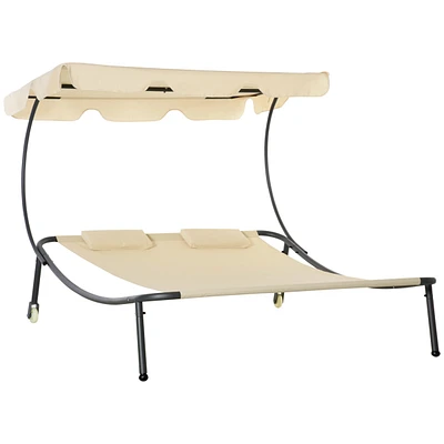 Patio Double Chaise Lounge Chair, Outdoor Wheeled Hammock Daybed with Adjustable Canopy and Pillow for Sun Room, Garden, or Poolside, Beige