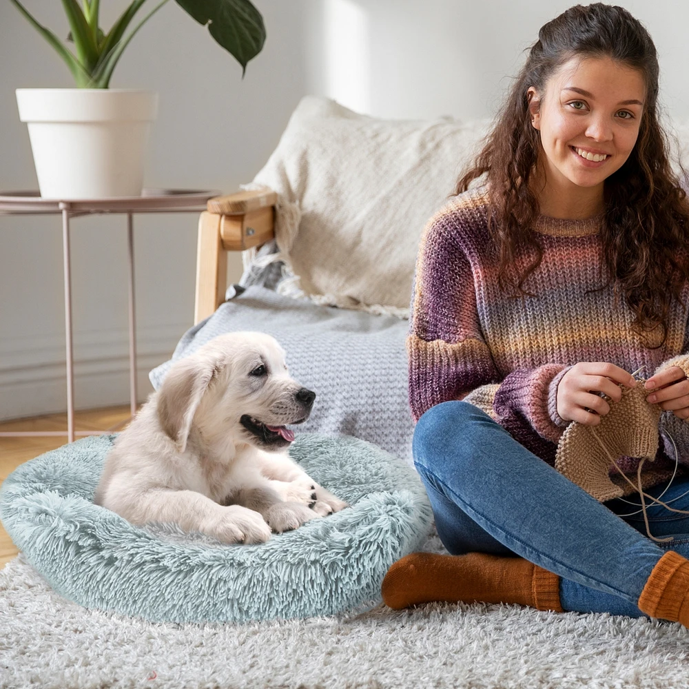 Details Dog Bed for Small Medium Dogs, Plush Calming Sleeping Cuddler Pet