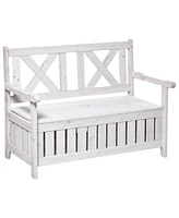 Patio Wooden Bench with Storage Box, 29 Gallon Outdoor Storage Bench, Large Entryway Deck Box w/ Unique X-Shape Back, for Deck, Porch & Balcony, White