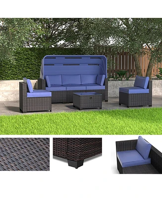 Outdoor Daybed with Canopy, Convertible Patio Sofa Set with Lifting Table, Uv-Proof Wicker Conversation Furniture with Ottoman, 1A