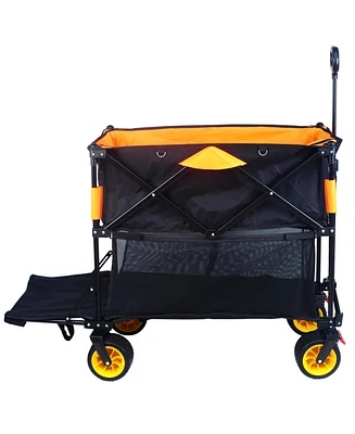 Big large capacity Folding cart Extra Long Extender Wagon Cart Folding Wagon Garden Shopping Beach Cart (black +orange)