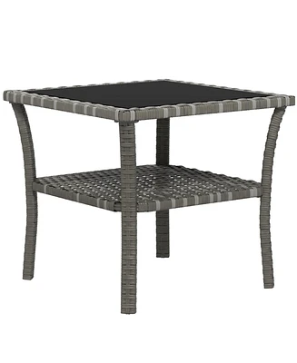 Rattan Side Table, Outdoor End Table with Storage Shelf, Aluminum Frame Square, Coffee Table with Tempered Glass Top, Mixed Gray