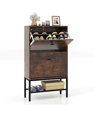 Industrial Shoe Storage Cabinet with 2 Flip Drawers 1 Bottom Metal Shelf Organizer