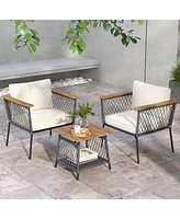 3 Pcs Patio Furniture Set with 2-Tier Coffee Table Acacia Wood Armrests Tabletop