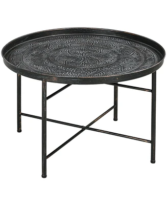 24" Round Coffee Table with Hammered Tray Top, Vintage Metal Center Table for Living Room, Bedroom, Side Table, Pewter