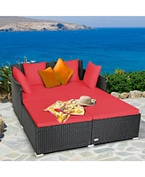 Sugift Spacious Outdoor Rattan Daybed with Upholstered Cushions and Pillows