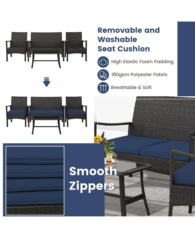 Sugift 4 Pieces Rattan Conversation Set with Tempered Glass Coffee Table