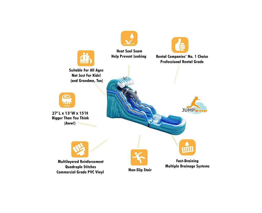 JumpOrange Dolphins Commercial Grade Inflatable Water Slide with Detachable Deep Pool for Kids and Adults (with Blower), Outdoor Indoor, Wet Dry Use,