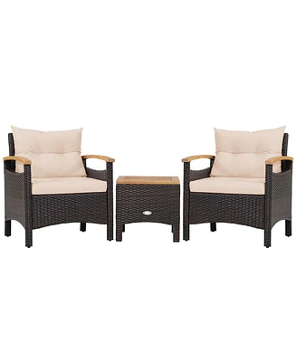 3PCS Patio Rattan Furniture Set Wooden Armrest Table Top Cushioned